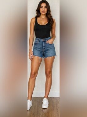Good American High Rise Cutoff Denim Shorts Size 4 Blue Raw Hem Stretch